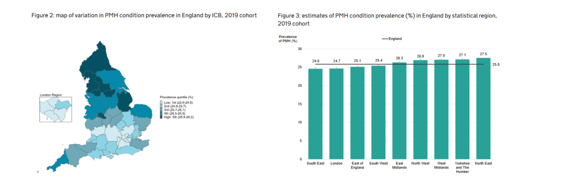 A shaded map of England and a bar chart showing perinatal mental health prevalence in different areas of England