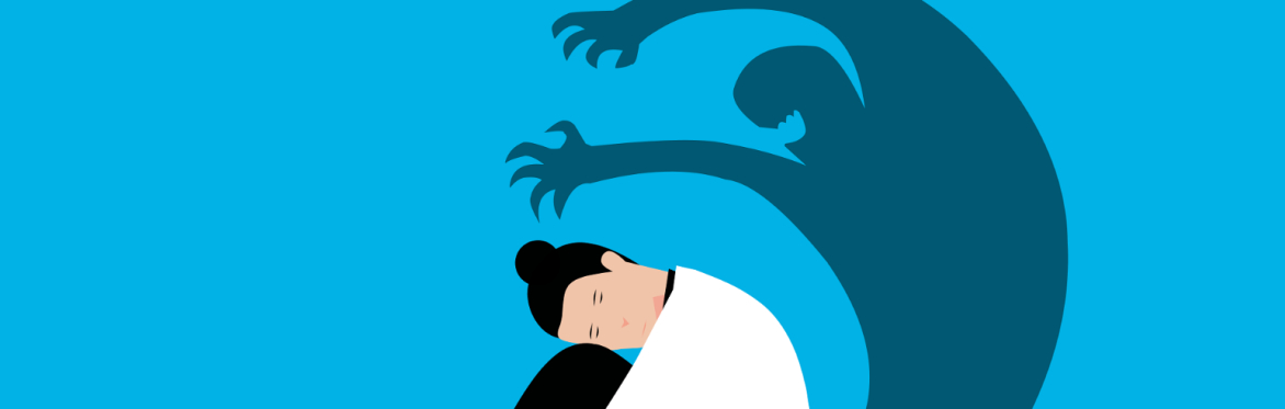 A cartoon of a woman sat, cowering, while her shadow looms over her in a menacing way