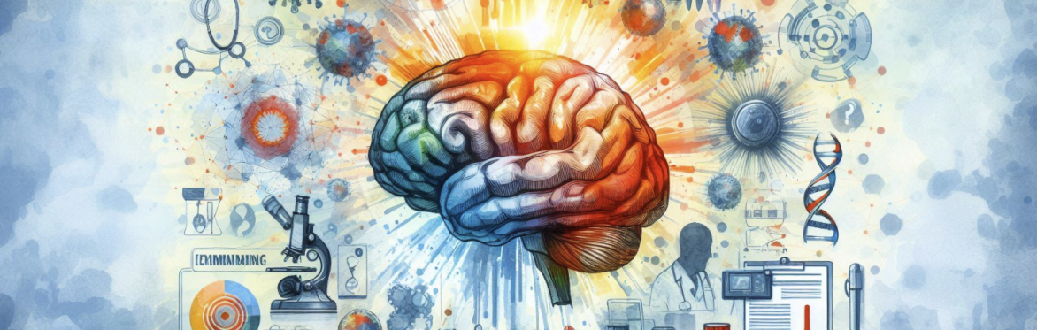 Stylisied image of a brain and assorted diagnosis images