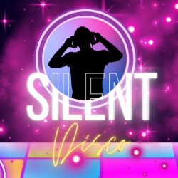 disco dance floor, sparkle lights, silhouette of someone wearing headphones