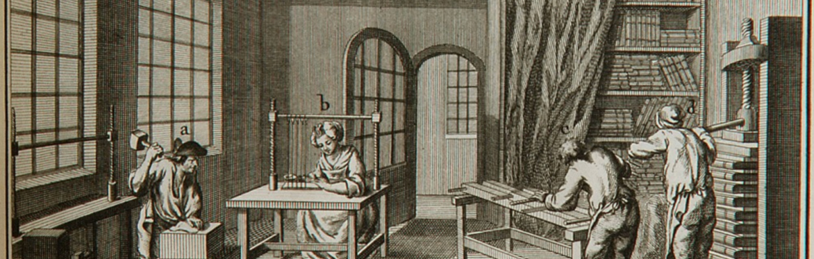 Detail from an eighteenth century woodcut showing the procedure for binding a book