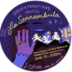 Illustration of a hand hiding the face of a woman with eyes closed,;ghostly white figures dance in the distance. Title handwritten - La Sonnambula
