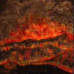 The image features fiery red and orange mountain artwork