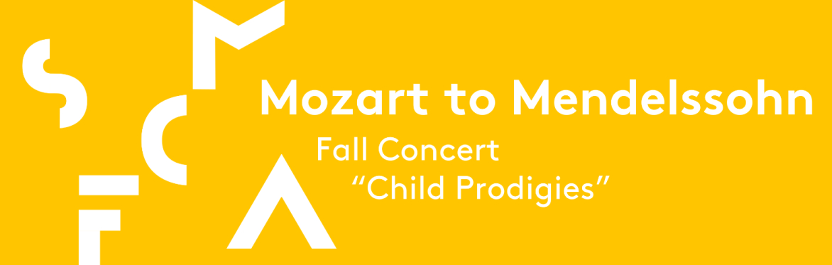 Bright yellow background. Left is the San Francisco Civic Music Association logo. Center is the text "Mozart to Mendelssohn", and the text "Fall Concert: Child Prodigies".