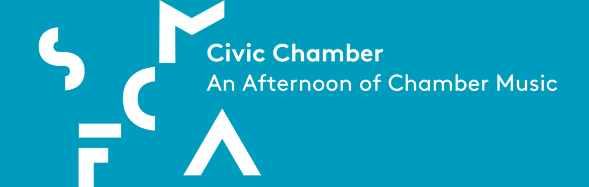 Teal background. SFCMA logo in white. Also in white is "Civic Chamber: An Afternoon of Chamber Music".