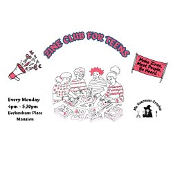 Illustration of teens crafting zines around a table event info and call to action.