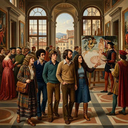 Illustration of mid-1970s college students exploring the Uffizi Gallery while Botticelli paints The Birth of Venus, celebrating the reunion's return to Florence.