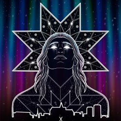 A man with long hair stares upwards into the sky, surrounded by constellations in the form of a star blanket. A cityscape frames the bottom.