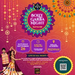 Bollywood Garba Night event graphic featuring colorful Indian-inspired artwork