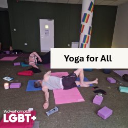 Several people are lying on their side holding a stretch on yoga mats. Overlayed on this is a transparent box declaiming "YOGA FOR ALL"