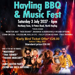 Hayling BBQ & Music Fest, Saturday 3 July 2027 from 6pm at Northney Farm, featuring BBQ food, live music and entertainment, with early bird tickets from £26.