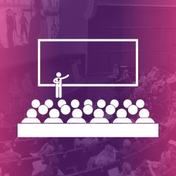 White icon showing a room of people listening to a speaker in front of a large screen. The icon is on a pink-purple background.