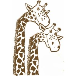Two illustrated giraffe heads bowing their heads