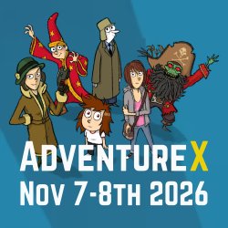AdventureX Nov 7-8th 2026 and cartoon characters on a blue background