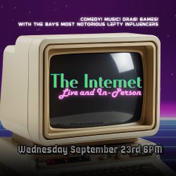 An 80s computer floating in a technology universe with the name of the event