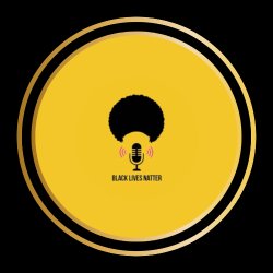 Black background with yellow BLN Logo an Afro over a microphone with pink soundwaves