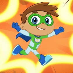 A cartoon boy in a green suit and blue cape with green googles on