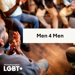 A group of men sit in a circle joking and laughing. A the image is titled "Men 4 Men".