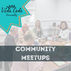People around the table in the background with the heading "Community Meetups"