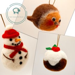 Needle felt baubles robin snowman and christmas pudding