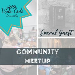 People round a table in the background and the heading "Community Meetups"
