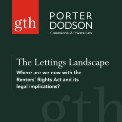The image contains the Greenslade Taylor Hunt and Porter Dodson logos. The event title says: The Lettings Landscape - Where are we now with the Renters' Rights Act and its legal implications?