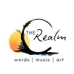 "The Realm - words, music, art" in a painting-like image of a semicircle and foliage with a sunset circle of orange and yellow in the background