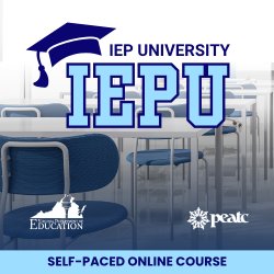 Promotional graphic for IEP University featuring a classroom background and the Virginia Department of Education and PEATC logos.