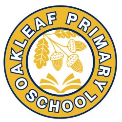 Oakleaf Primary School logo - school name in outer circle with acorns and oak leaves in the centre with leaves of an open book