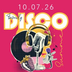 Promotional square event image for the Parbold Village Show Summer Family Disco on 10th July 2026. Bold yellow and white text reads 'Family DISCO' on a hot pink background, with retro collage-style il