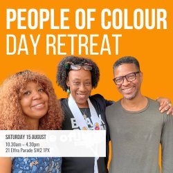 Image of Brixton Buddhist Community people of colour on an orange background