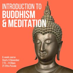 Image of a Buddha statue with promotional wording