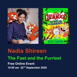 Picture of Nadia Shireen and the cover of her latest book The fast and the Furriest for free online event 10 am 22 September 2026