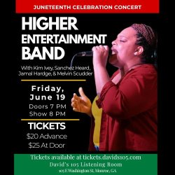 Picture of Kim Ivey from Higher Entertainment Band singing with microphone in her hand in promotional flyer for Juneteenth Celebration Concert.