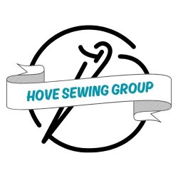 A logo that says Hove Sewing Group set on a banner with a needle  and thread behind it.