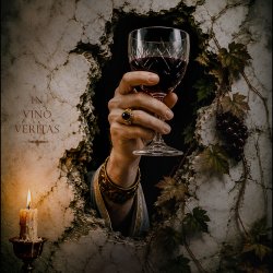 A hand holding a glass of red wine reaches through a crumbling wall framed with ivy and candlelight.