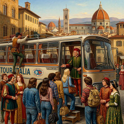 Classmates board a private coach in Florence as they begin a reunion excursion to Siena and San Gimignano through the Tuscan countryside.