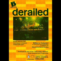On an orange checked background, resembling a train seat, title text reads "derailed" above an image of a stationary train
