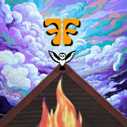 Yellow text that says 'Forncett Festival' above a black and white icon of an owl with its wings spread, perched on a triangle roof. Below is a painted fire, and on top of this it says '7th - 9th AUG'