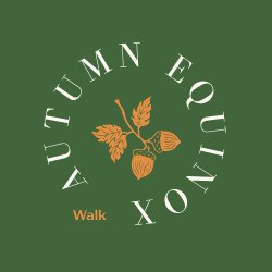 The words 'Autumn equinox walk' with a hazel nut lino print icon