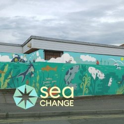 Photo of a sea-themed mural on a building showing sea creatures, including seals and sharks, swimming in a luscious bay.