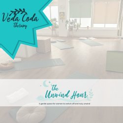 Yoga mats in a studio setting in the background.  The Unwind Hour logo over the top