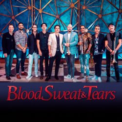 group image of band members, with a red logo title - Blood, Sweat, and Tears.
