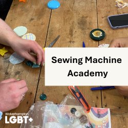 A close up shot showing the hands of a pair of people working on sewing projects with the event title emblazoned across the centre.