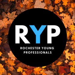 "Fall-themed event banner for the RYP October Social, Wednesday, October 14th, supporting Lollypop Farm, the Humane Society of Greater Rochester. Decorated with autumn leaves and paw prints, with the