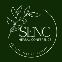 the words SENC Herbal Conference in light green letters on a dark green background with a sprig of leaves on the right side.