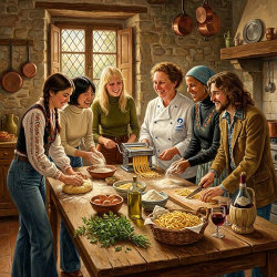 Chef Carlotta and reunion participants making fresh pasta together in a rustic Tuscan farmhouse kitchen.