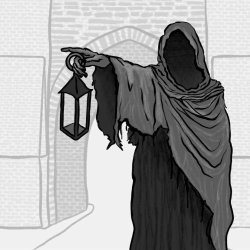 A hooded figure with a lantern