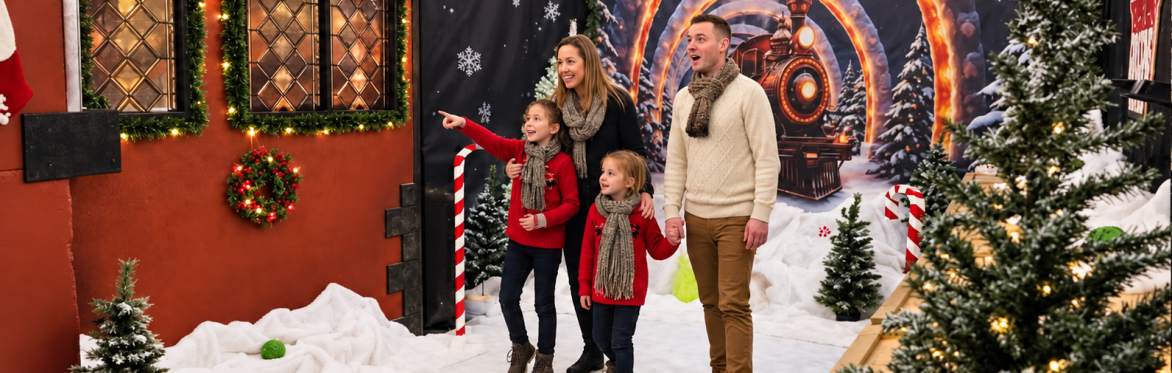 Family exploring Candy Cane Crossing beside the North Pole Bakery and Christmas train backdrop in Gateshead.