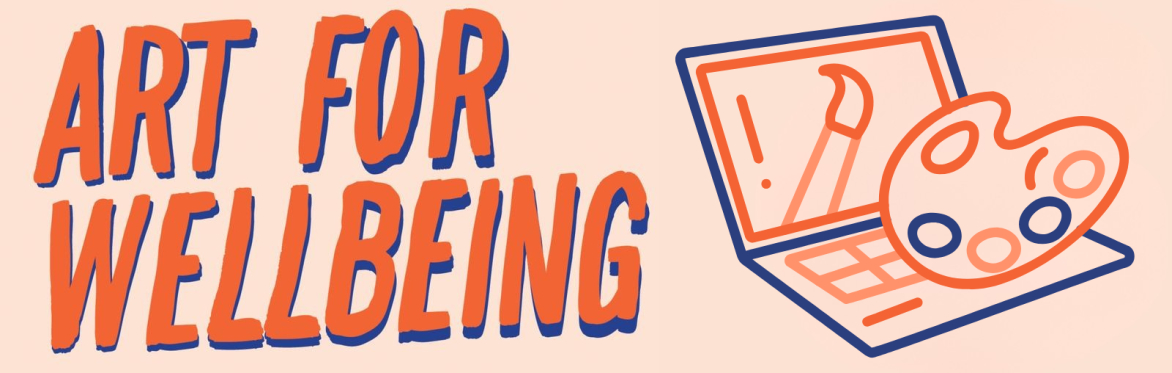 Art for Wellbeing banner with a stylised laptop and artist’s palette on a beige background.